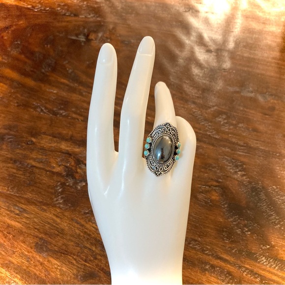 Set Turquoise and Hematine Statement Ring and Pendant Sterling Silver - Picture 3 of 15